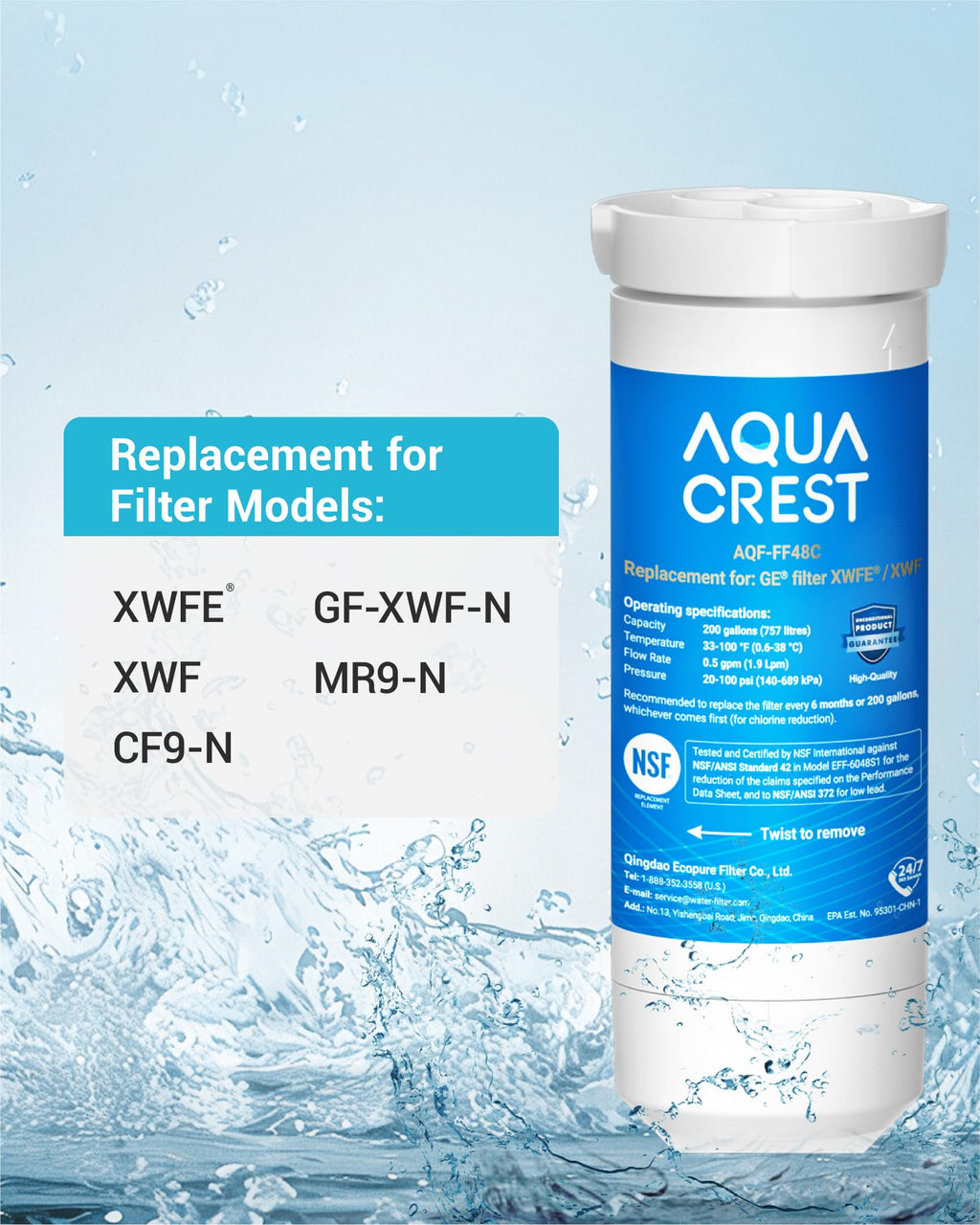 XWFE Water Filter, Replacement for GE XWFE, Built-in Chip