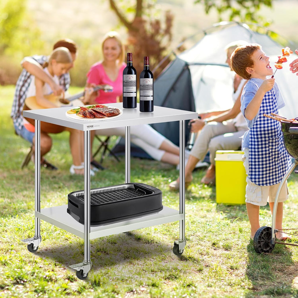 Stainless Steel Work Table 30 x 36 x 38 Inch, with 4 Wheels, 3 Adjustable Height Levels, Heavy Duty Food Prep