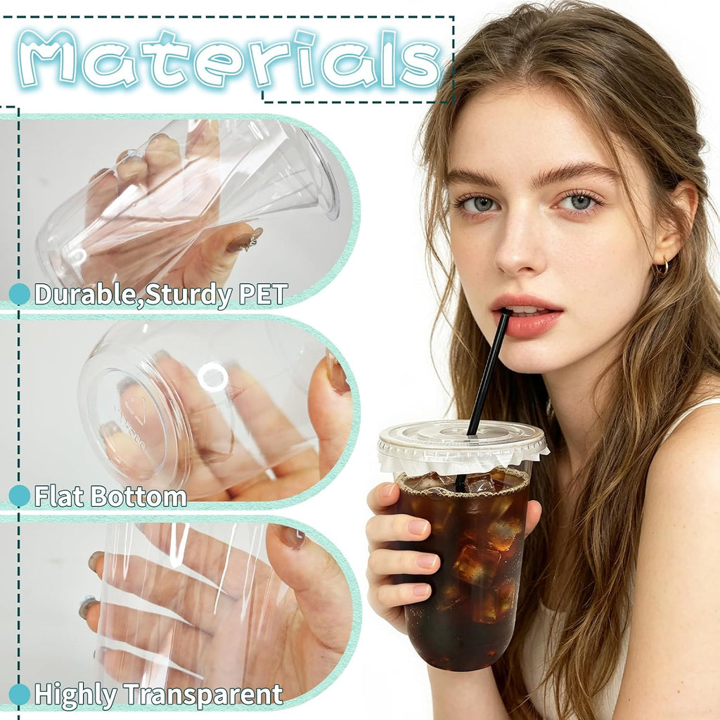 16 oz Clear Plastic Cups with Lids,Leak-proof Paper and Straws,25 Sets