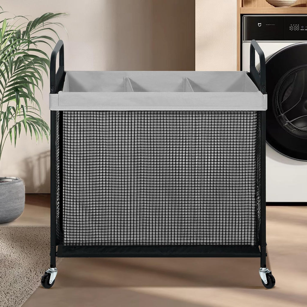 Laundry Hamper 3 Section, 120L Rolling Laundry Sorter Cart with Removable and Washable Liner Bag, Clothes Hamper with