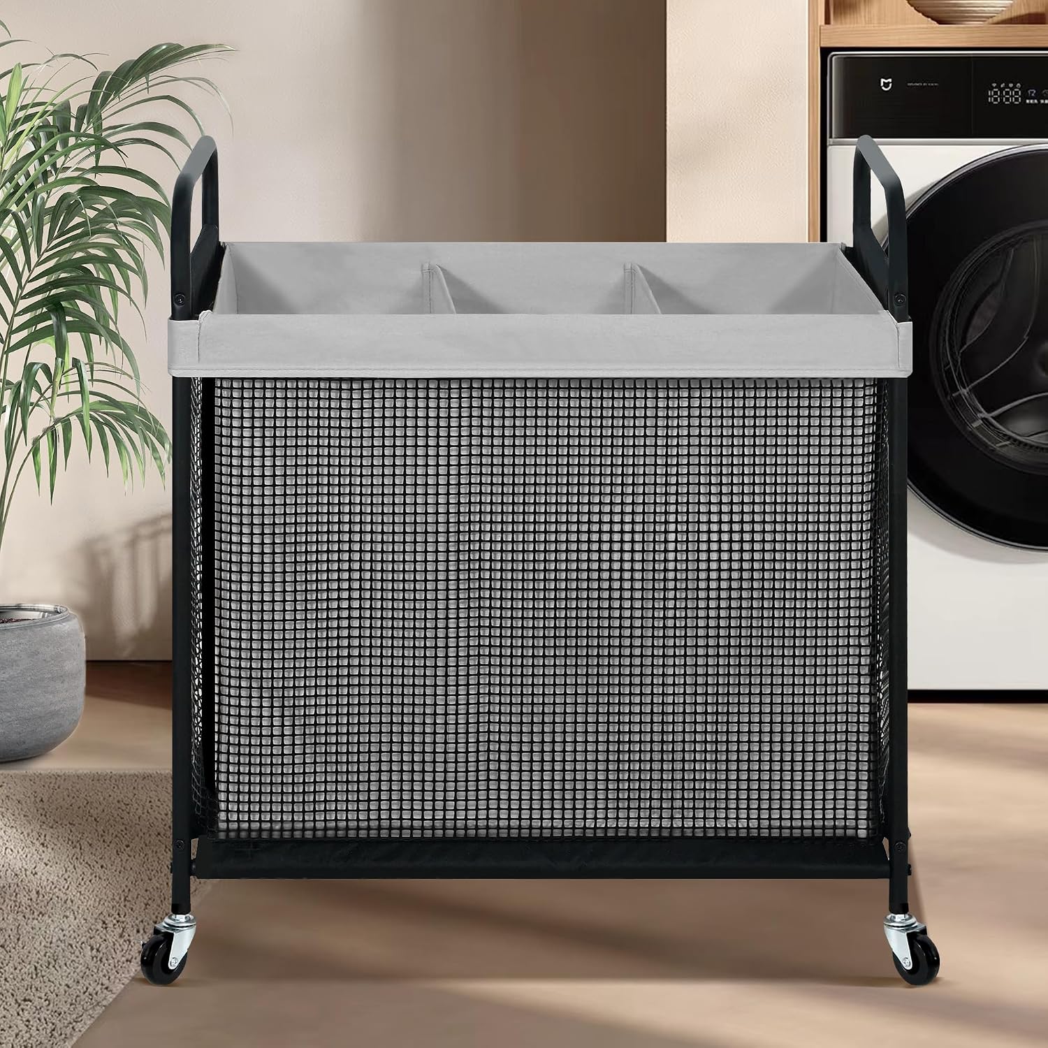 Laundry Hamper 3 Section, 120L Rolling Laundry Sorter Cart with Removable and Washable Liner Bag, Clothes Hamper with