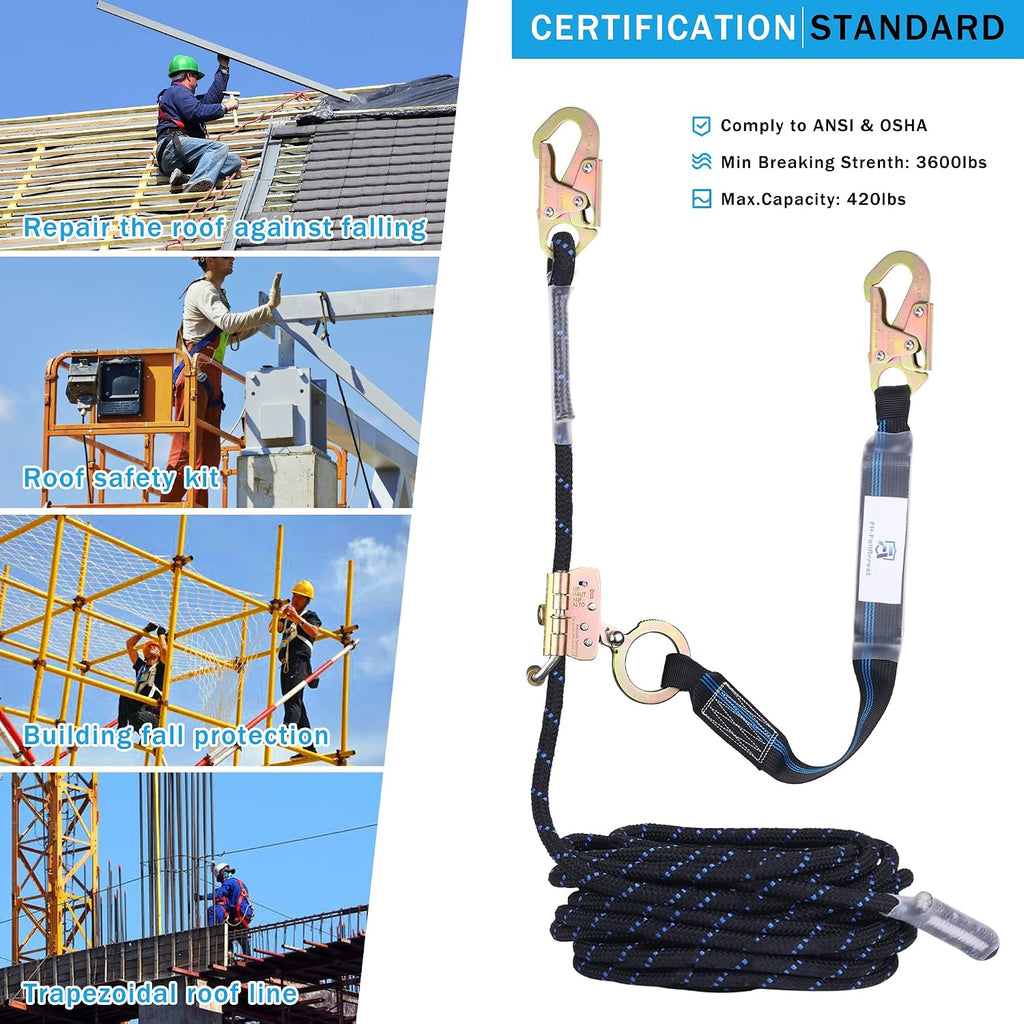 50FT Vertical Lifeline Assembly with Alloy Steel Anti-Panic Rope Grab Snap Hook Shock Absorb Lanyard, Fall Protection