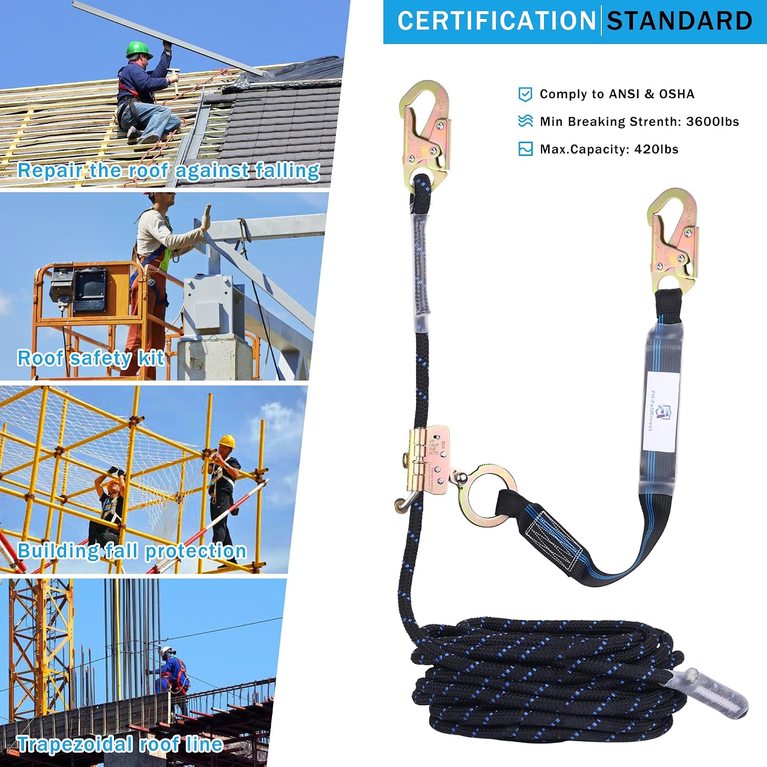 50FT Vertical Lifeline Assembly with Alloy Steel Anti-Panic Rope Grab Snap Hook Shock Absorb Lanyard, Fall Protection