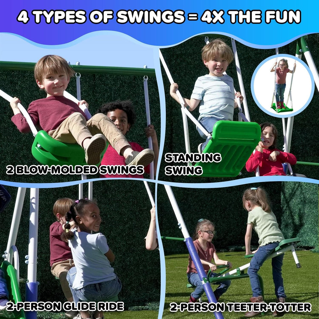 Park Ridge Metal Swing Set for Ages 3-8, 2 Swings, Standing Swing, Roman Glider, Teeter Totter, 5ft Slide, 6.1ft