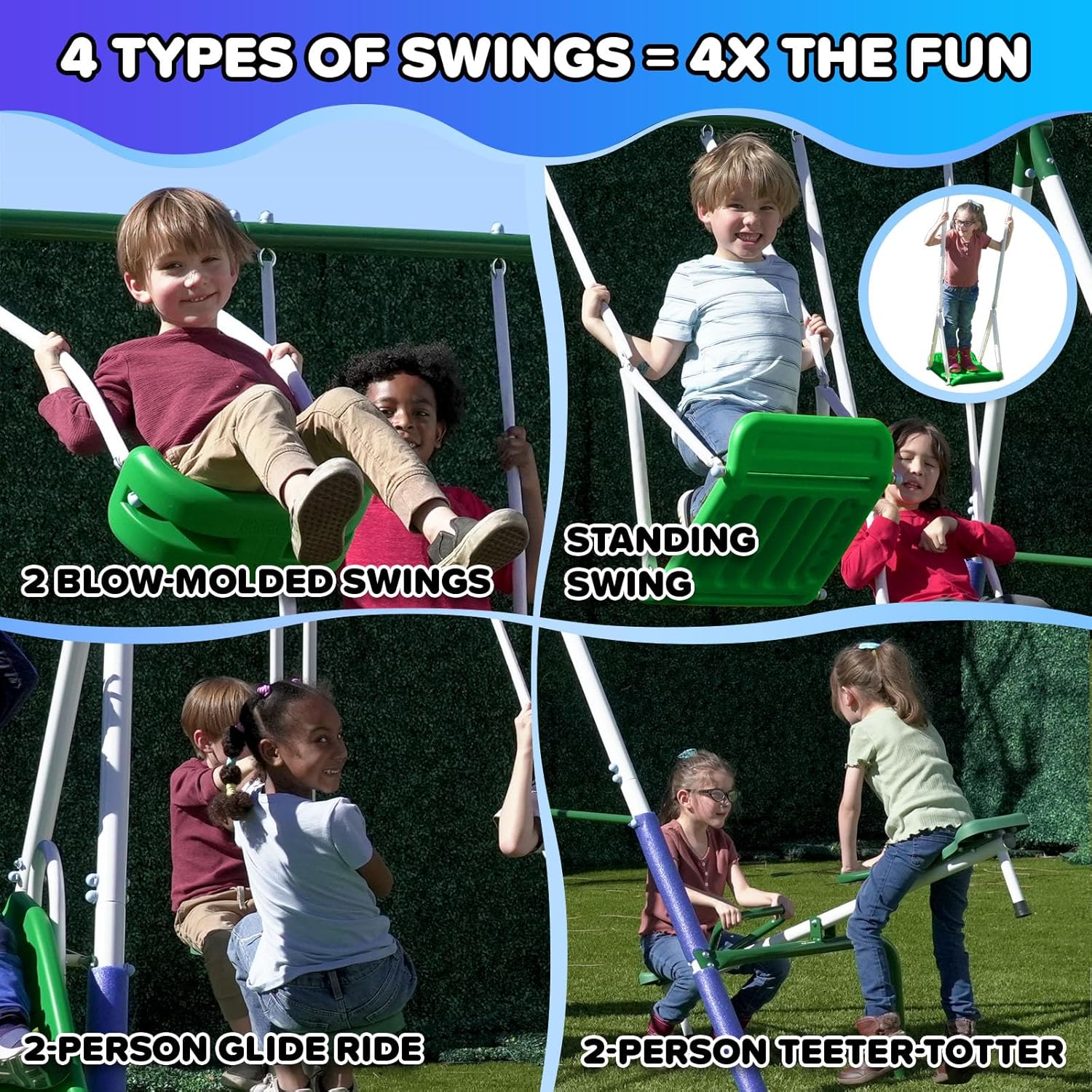 Park Ridge Metal Swing Set for Ages 3-8, 2 Swings, Standing Swing, Roman Glider, Teeter Totter, 5ft Slide, 6.1ft