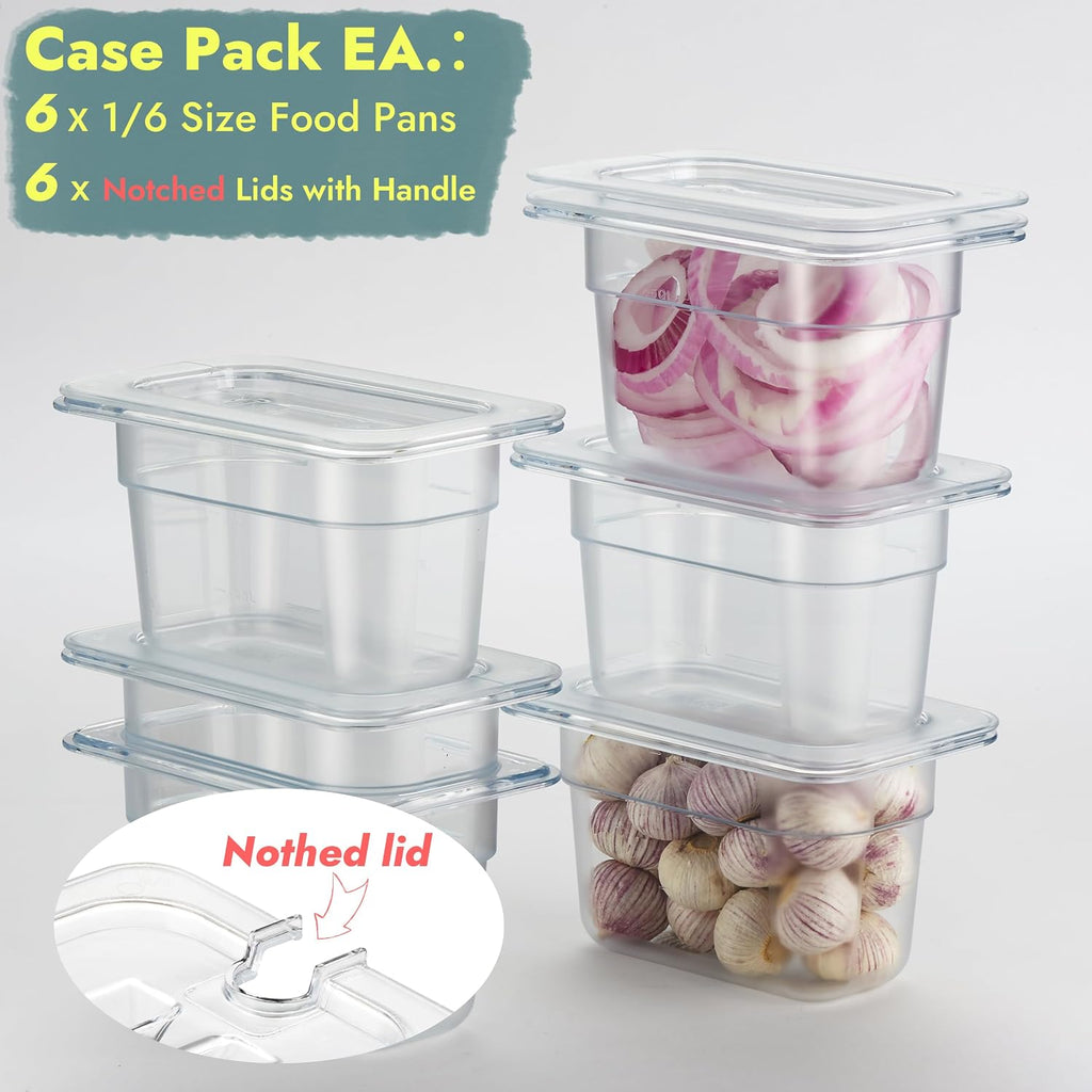 6-Pack 1/9 Size 4" Deep NSF Polycarbonate Food Pan with Notched Lid | Dishwasher & Freezer Safe Clear Container for