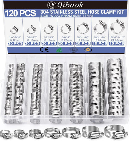 Hose Clamp- Qibaok 120 PCS Stainless Steel Hose Clamps Assortment Kit | 1/4''–1-1/2'' Worm Gear Clamps for Fuel Line