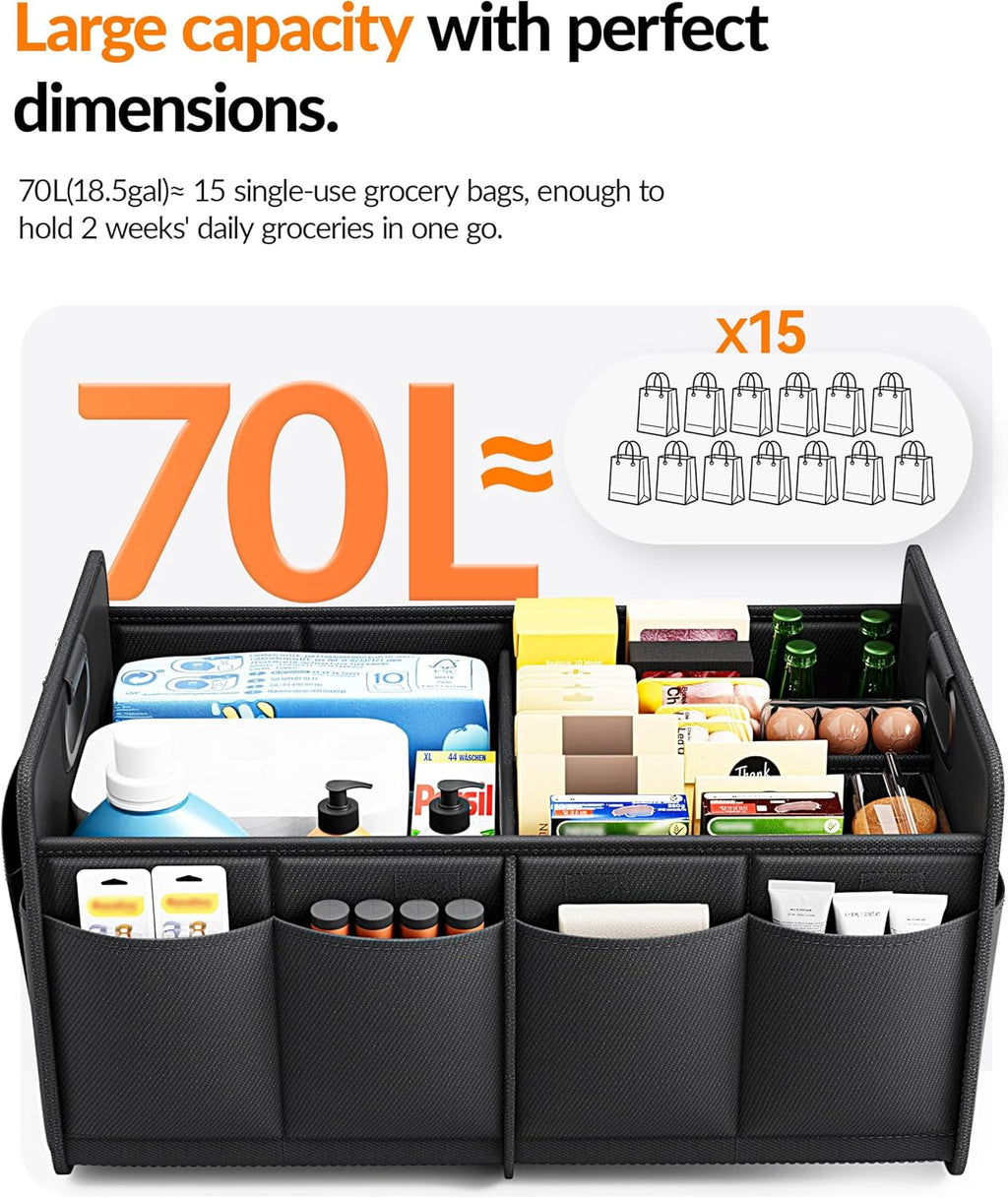 Car Trunk Organizer for SUV, 18.5Gal Large Capacity No-Sag Heavy Duty, Foldable Waterproof Anti-Slip Storage with 12