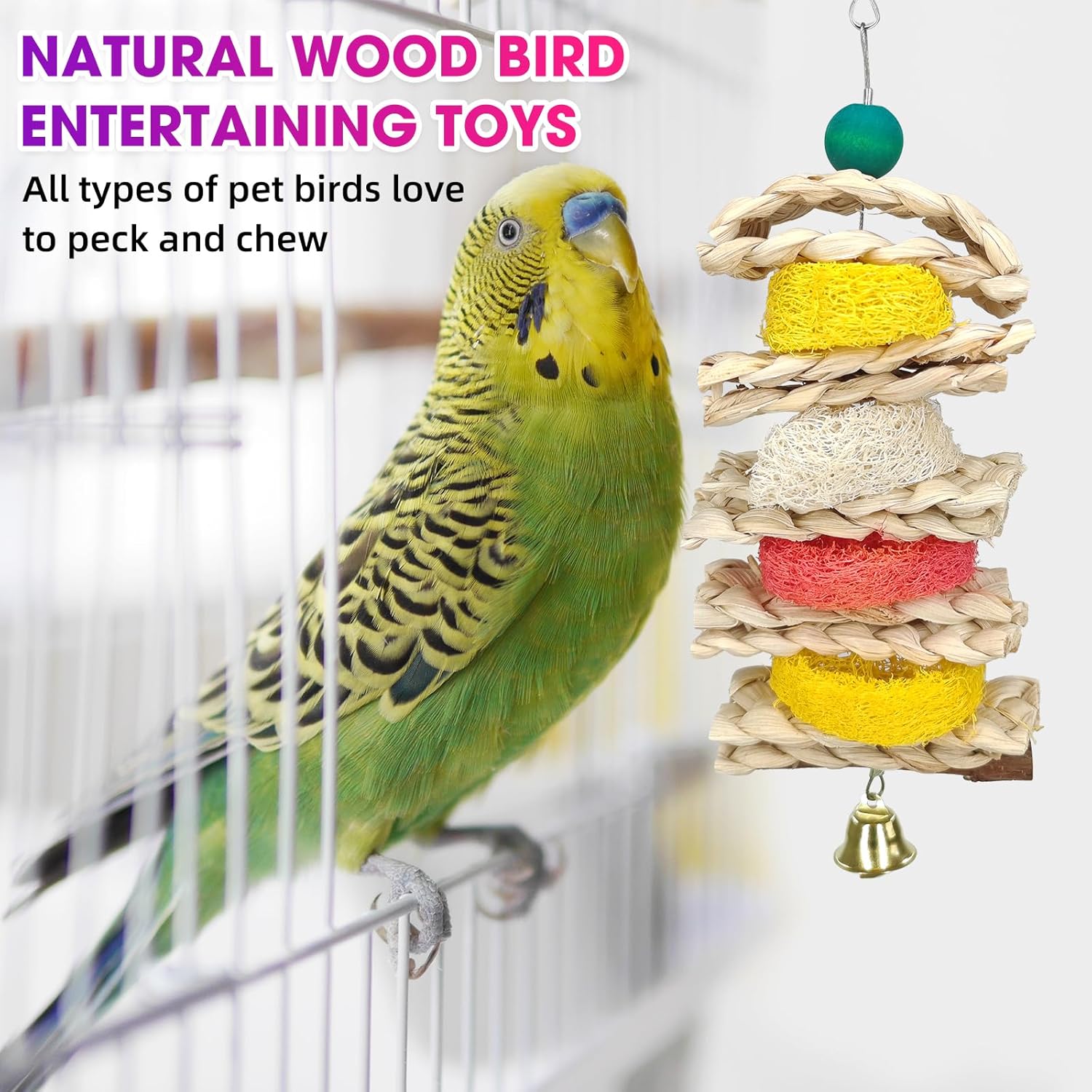 7 Pcs Natural Wood Bird Toy & Perch for Parakeets, Cockatiel & Lovebird, Budgie Play Accessory for Small Parrots