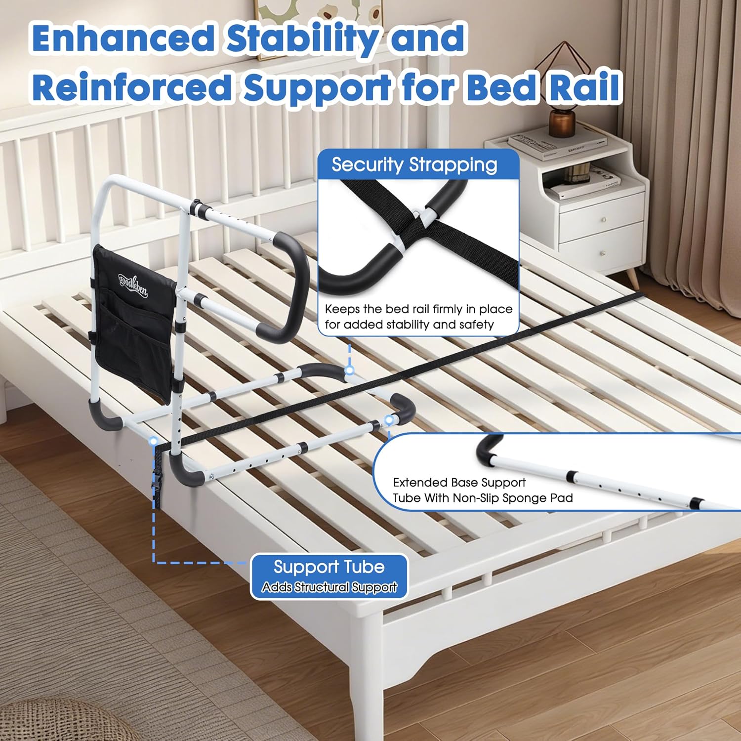 Bed Rails for Elderly Adults, Adjustable Bed Assist Rails for Seniors with Non-Slip Handle & Storage Pocket, Bed