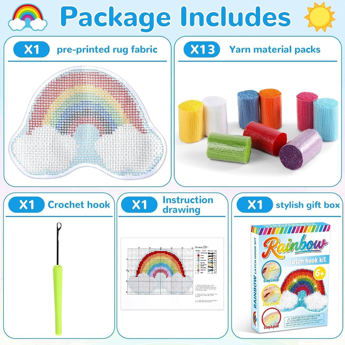 Rainbow Latch Hook Mini Rug Kit Rainbow DIY Valentine Craft for Kids Adults Beginners Making Your Own Crochet Carpet
