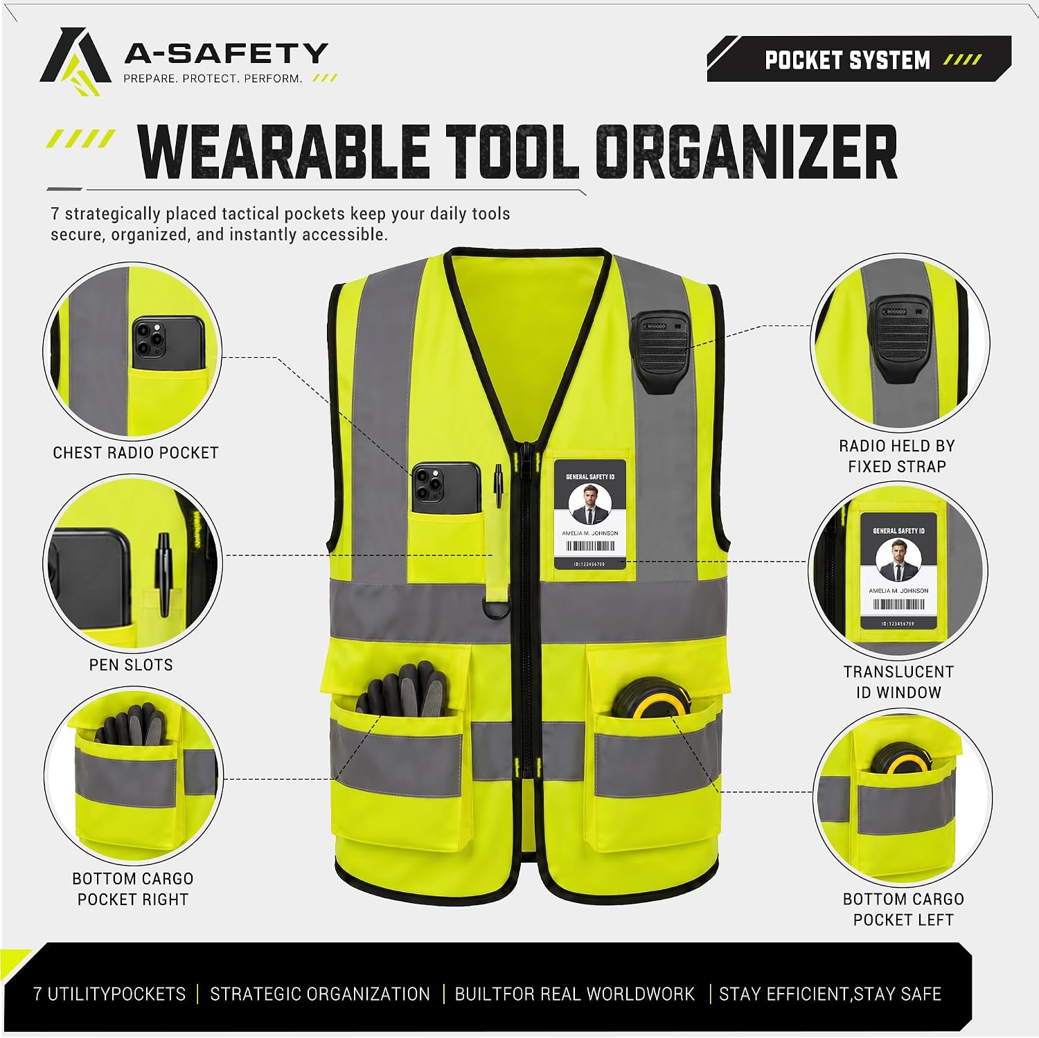 ANSI/ISEA Standard Class 2 Hi-Vis Vest, Mic Tabs, Zip, Yellow, XL | Yellow XL Class 2 safety vest with 7 pockets