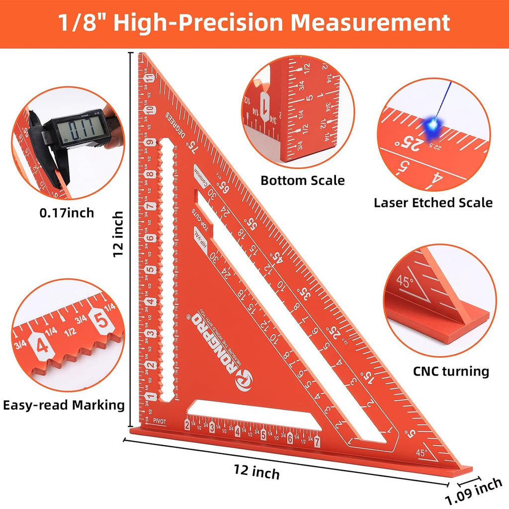 Aluminum Alloy 12in Carpenter Square and 12in Zinc-Alloy Combination Square Set, CNC-Machined with Woodworking