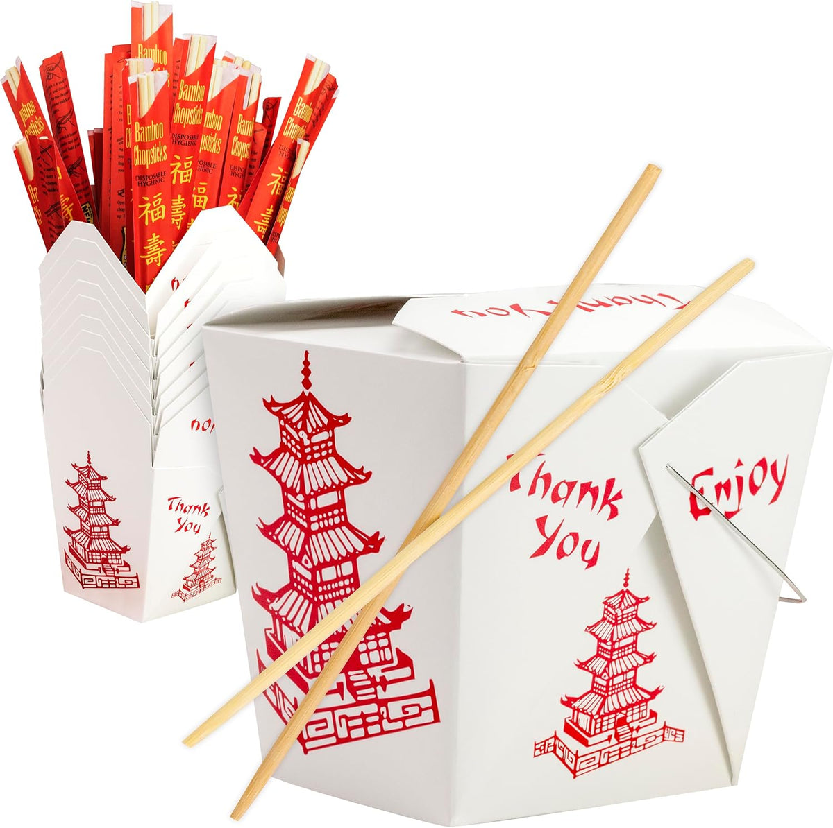 Durable 32 Oz Chinese Take Out Boxes. 25pk Food Containers With 25pk Sleeved and Separated Bamboo Chopsticks.
