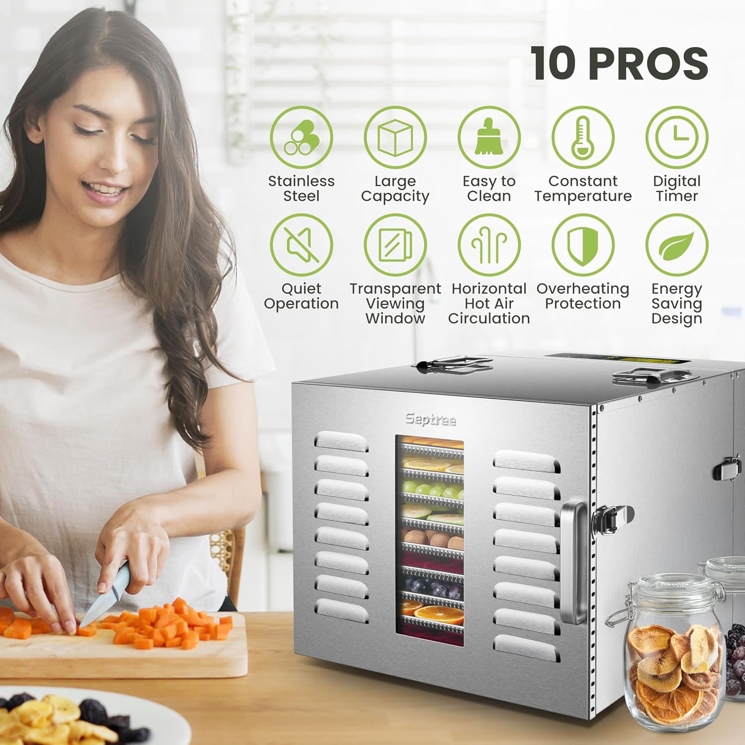 Commercial 10 Trays Food Dehydrator Machine for Jerky and Herbs Usable Area up to 24.65ft² and 194℉ Temperature 1000W
