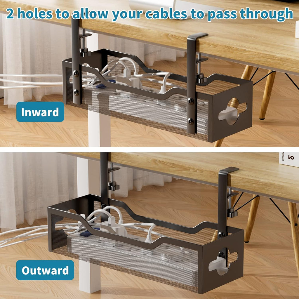 Under Desk Cable Management Tray No Drill, Metal Mesh Cable Management Under Desk with Clamp Mount, 2 Hole Cable Tray