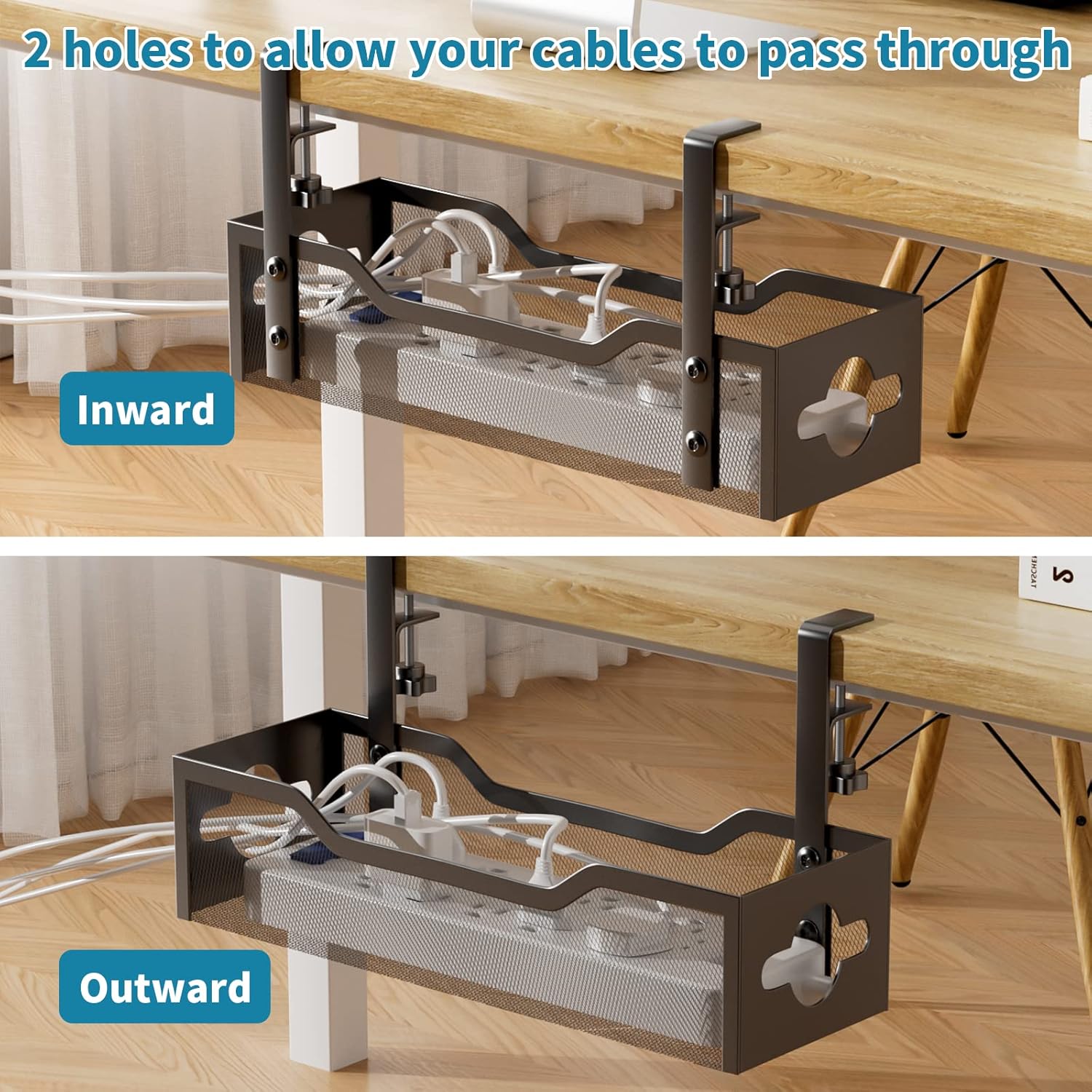 Under Desk Cable Management Tray No Drill, Metal Mesh Cable Management Under Desk with Clamp Mount, 2 Hole Cable Tray