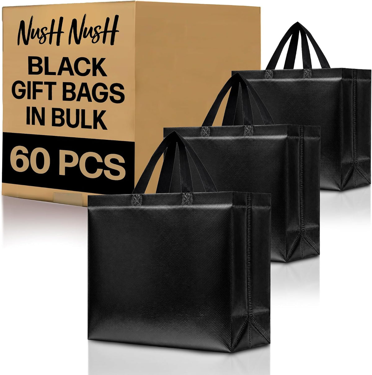 Bulk Set of 60 Reusable Large Black Gift Bags with Handles