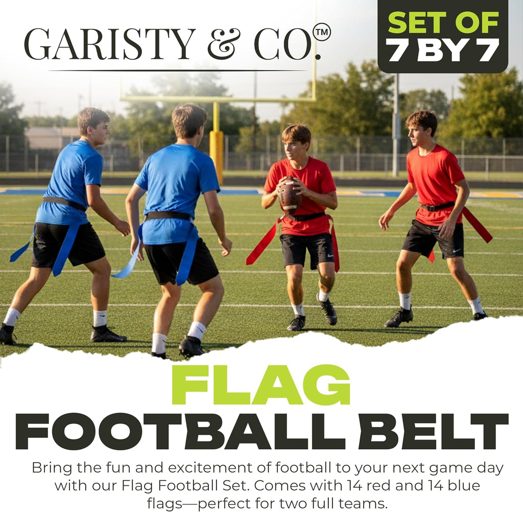 Flag Football Belts Set for 14 Players – 28 Durable Red & Blue Flags with 4 Extra Flags, Adjustable Belts & Carry Bag