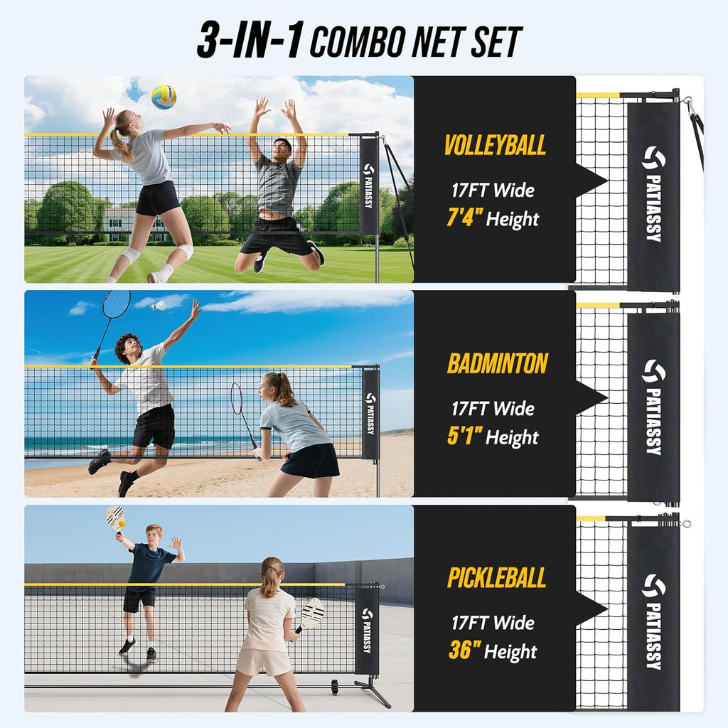 3-in-1 Badminton Volleyball Pickleball Net Set Adjustable Height | Backyard Outdoor Games, 17FT Portable Net, Height