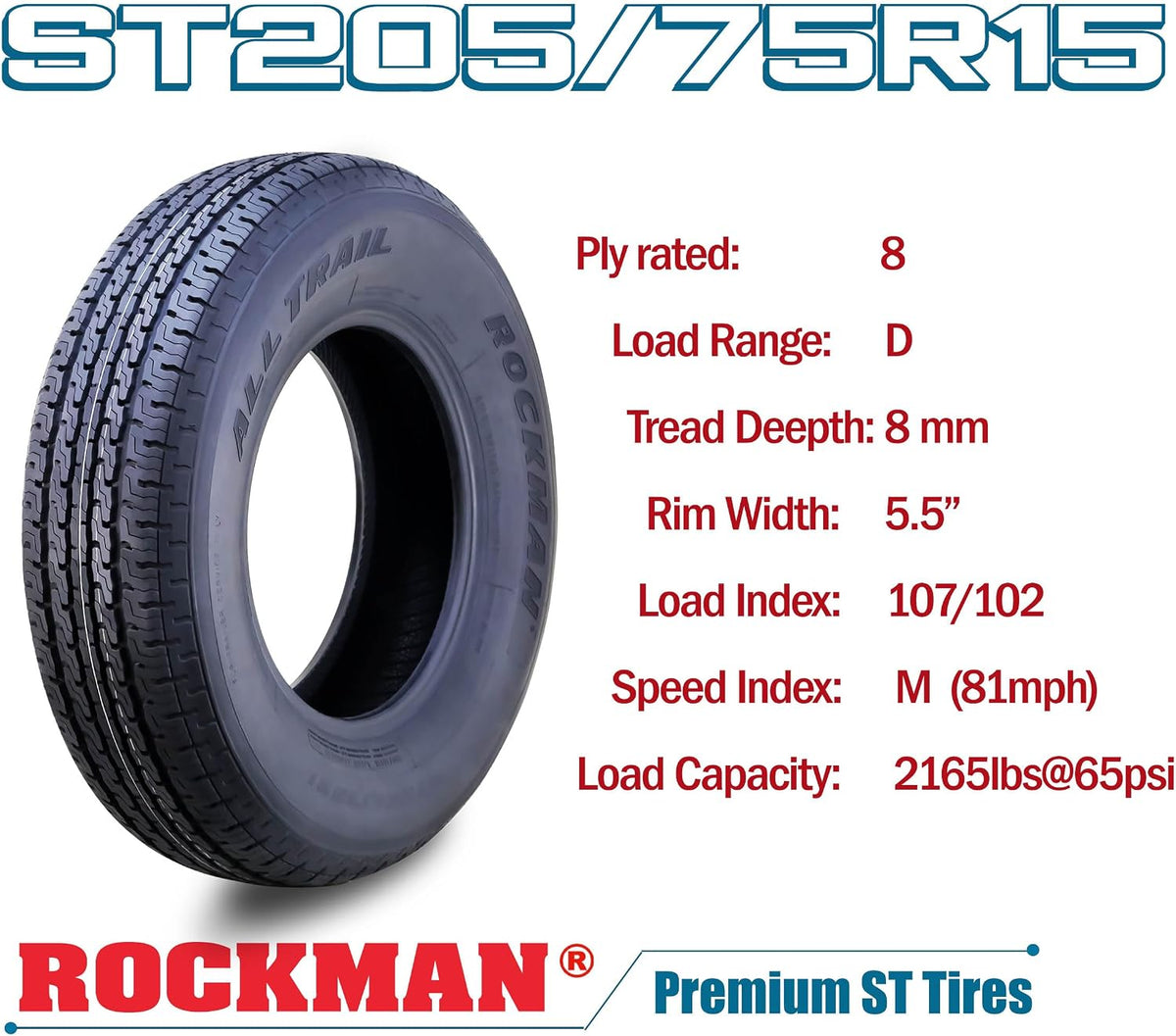 Trailer Tire Wheel ST205/75R15 8PR D 107M 5X4.5" PCD Silver Mod Rim