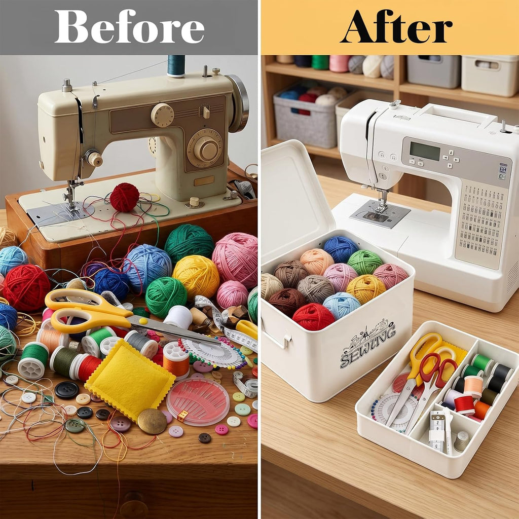 Metal Sewing Box, Sewing Basket Organizer with Handles, 2 Tier Sewing Kit Storage Box with Removable Tray, 4