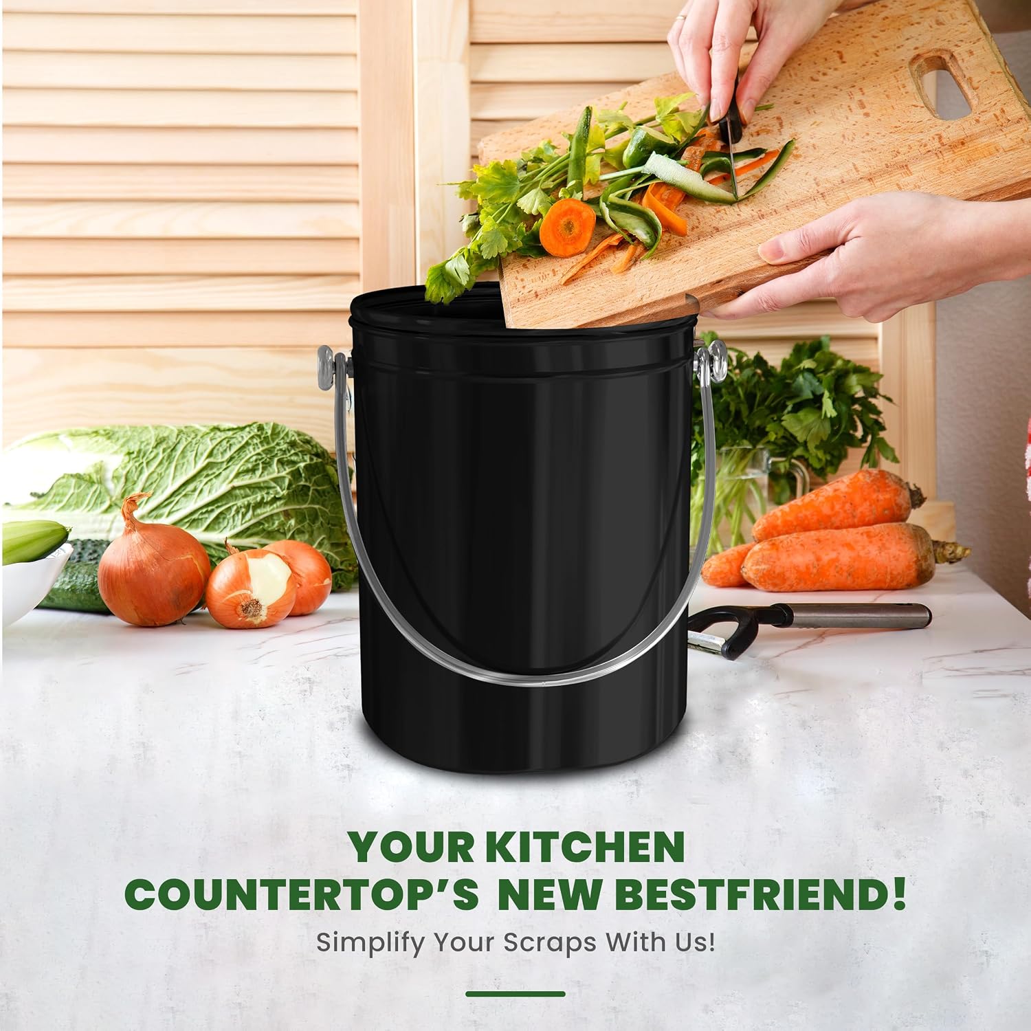Countertop Compost Bin 1.3 Gallon, Stainless Steel, Black | Odorless countertop compost bin with charcoal filter