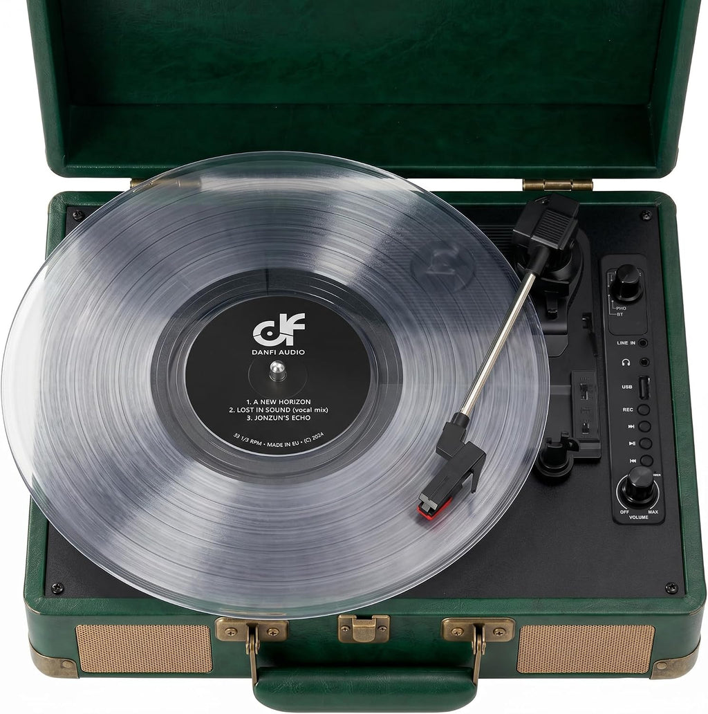 Record Player with Bluetooth Input & USB Recording, Built in Stereo Speakers, Portable Suitcase Vinyl Player 3-Speed