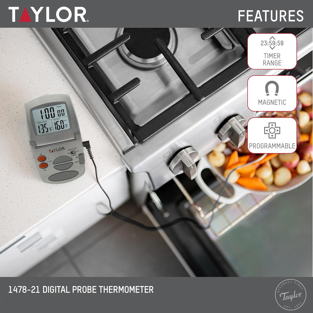 Precision Products Programmable with Timer Instant Read Wired Probe Digital, Meat, Food, Grill BBQ Cooking Kitchen
