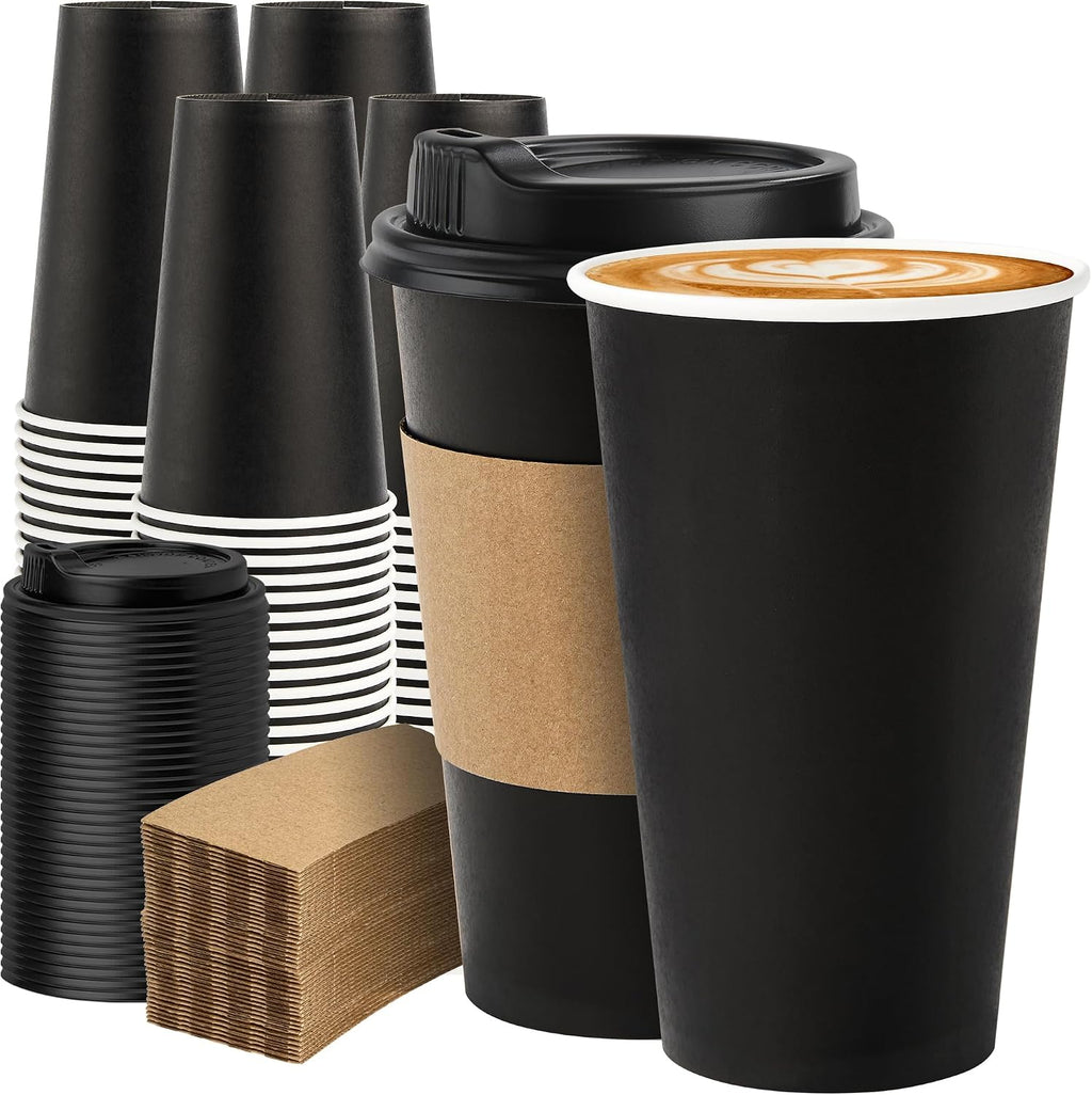 100 Pack 16 oz Disposable Coffee Cups with Lids and Sleeves