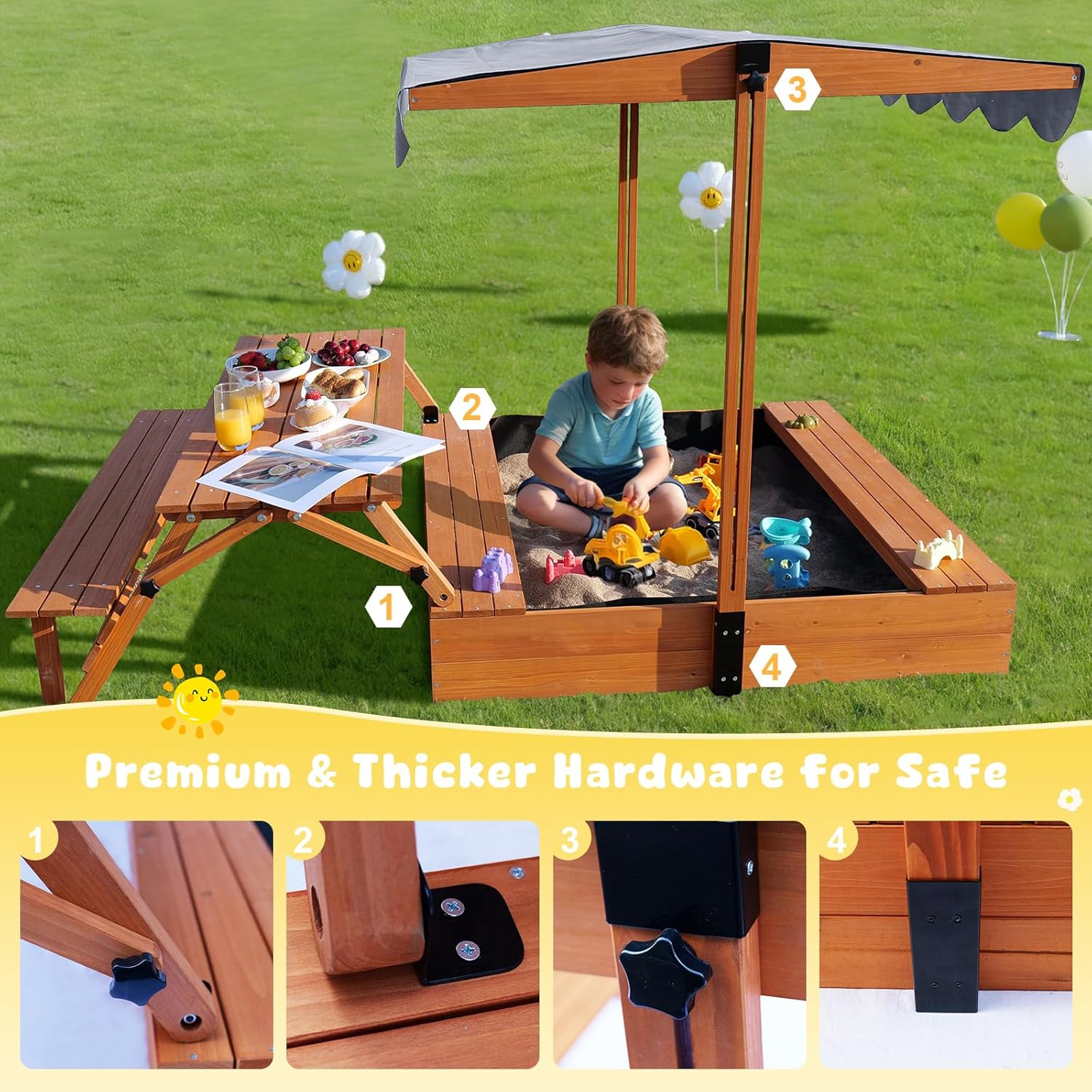 Wooden Sandbox with Lid, Outdoor Sandbox with Foldable Picnic Table, Sandpit with UV-Resistant & Adjustable Capony