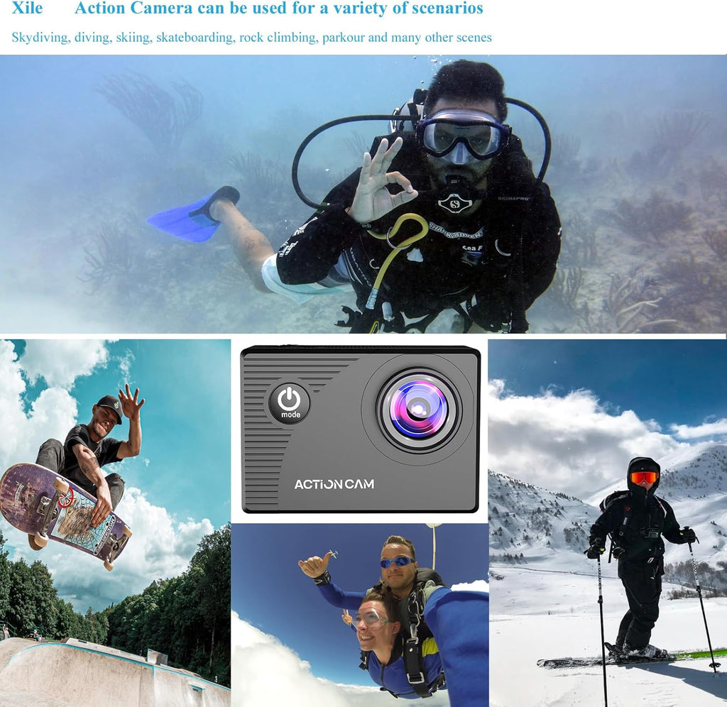 Action Camera 1080P 30fps Sports Camera 40m/131ft Underwater Waterproof with 2 Batteries and Multi-Function Accessory
