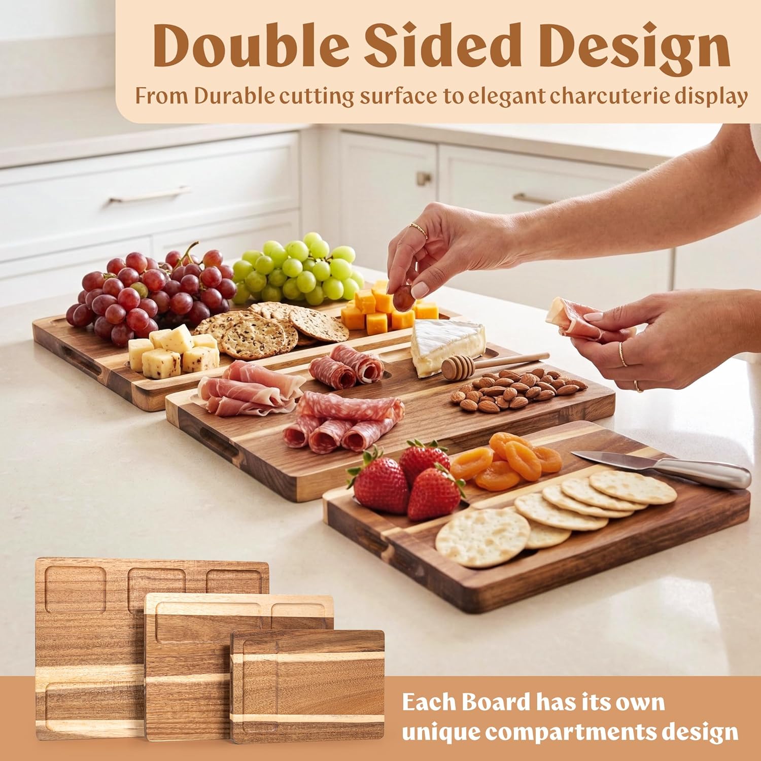 Acacia Wood Cutting Board for Kitchen, Non-Toxic Cutting Board Set of 3, Chopping Boards with Deep Juice Groove for