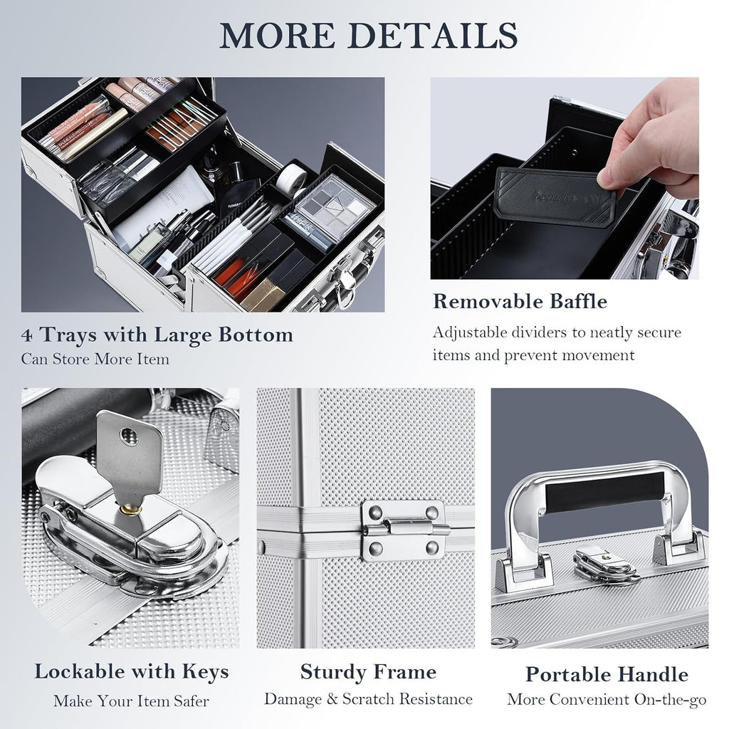 Makeup Train Case Makeup Organizer Box Portable Cosmetic Travel Case with Lock 4 Trays Aluminum Hard Vanity Box Make