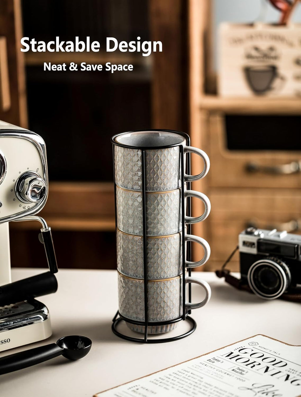 Stackable Coffee Mugs Set of 4 Coffee Cups with Stand, Light Gray