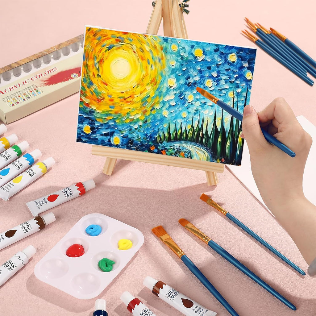 26 PCS Acrylic Paint Set with 12 Colors Acrylic Paints (12ml, 0.4 oz), 10 Paint Brushes, 2 Canvas, 1 Wood Easel, 1