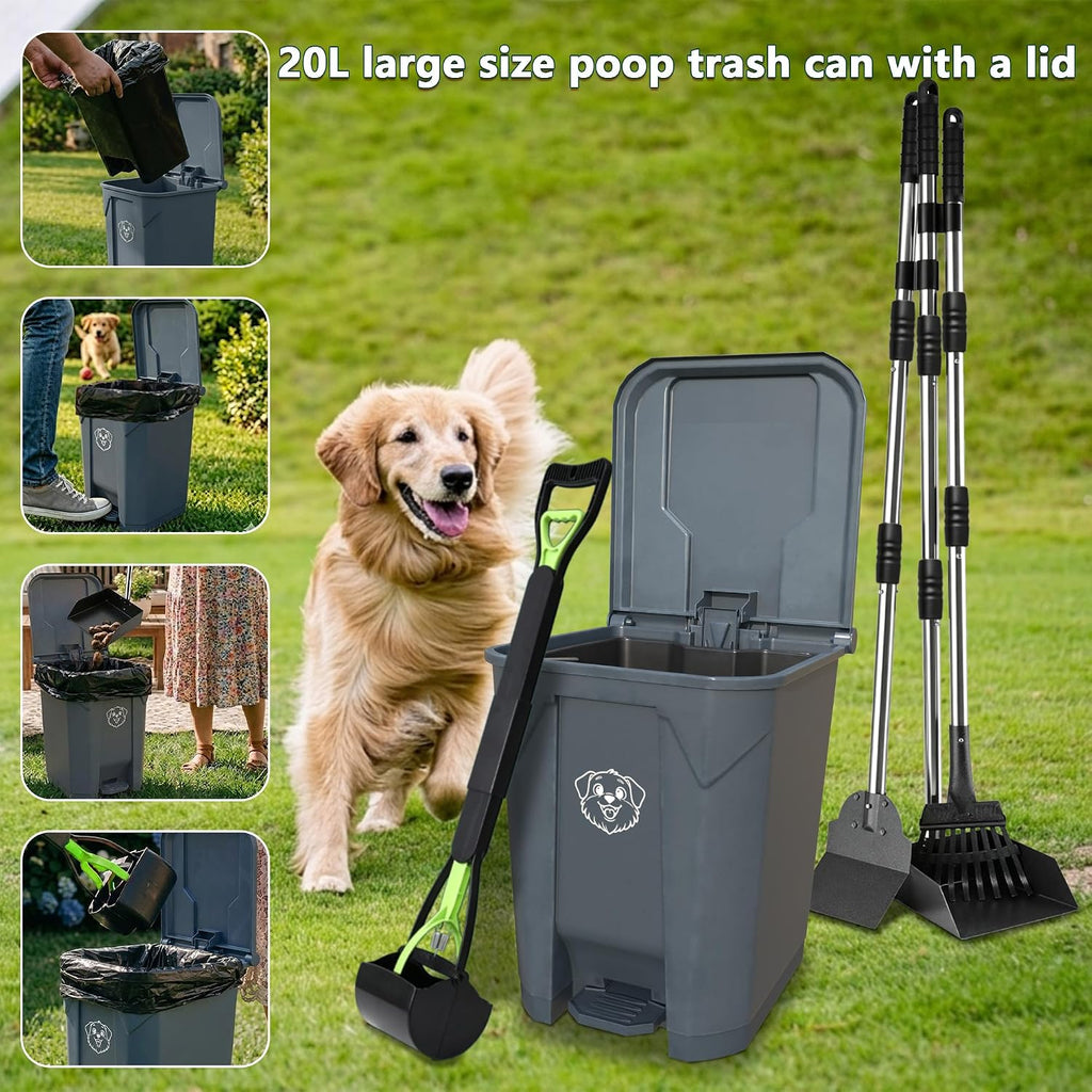 Dog Poop Outdoor Trash Can with Lid 20L/5Gal- Pedal & Removable Inner Bin,200 Waste Bags + 1 Green Long Handle Pooper