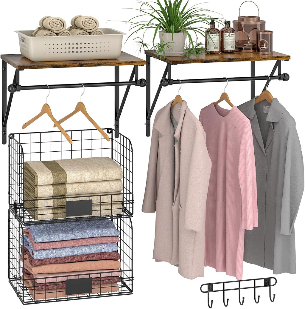 Laundry Room Shelves Wall Mounted with Wire Baskets, Over the Washer and Dryer Shelf with Clothes Drying Rack, Wire