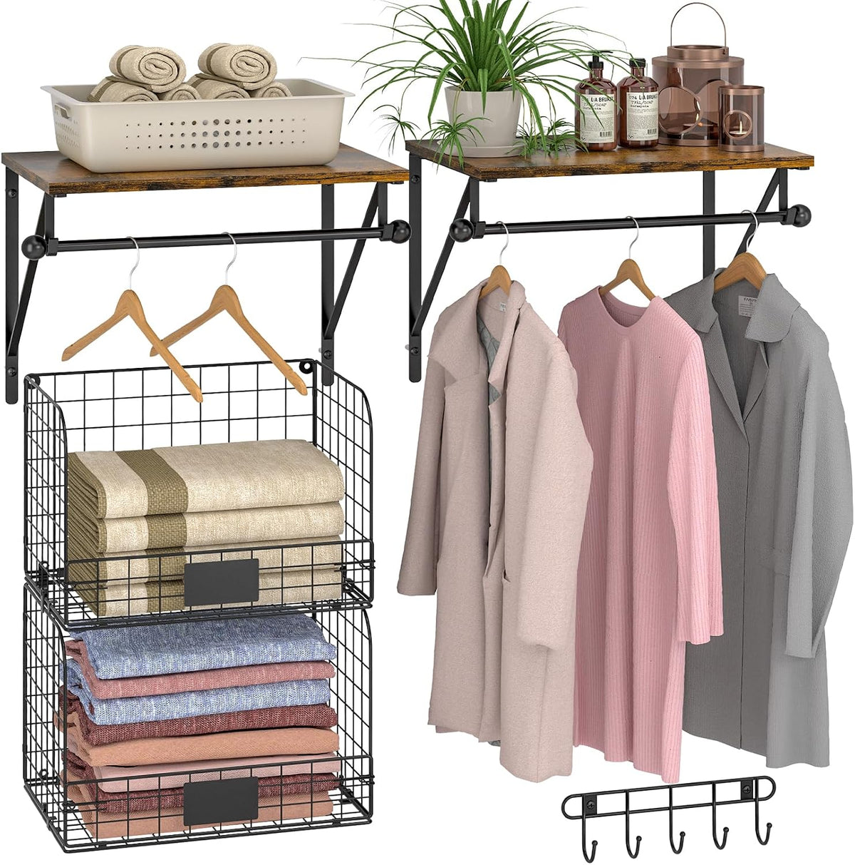 Laundry Room Shelves Wall Mounted with Wire Baskets, Over the Washer and Dryer Shelf with Clothes Drying Rack, Wire