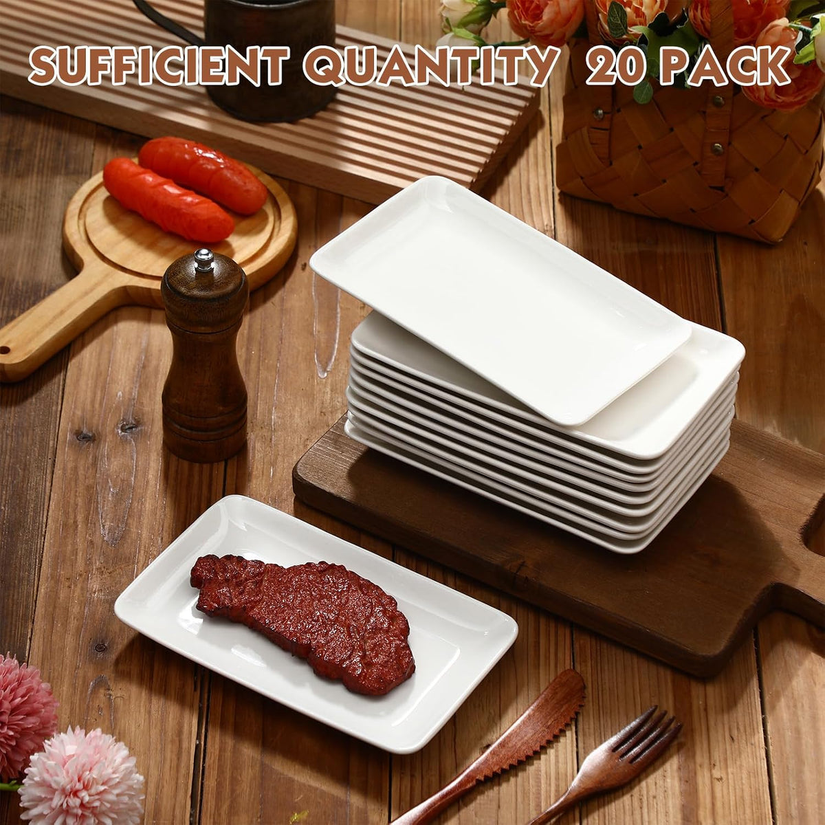 20 Pcs 8 Inch Rectangular Salad Plates White Rectangular Porcelain Dessert Plates Appetizer Serving Tray Porcelain