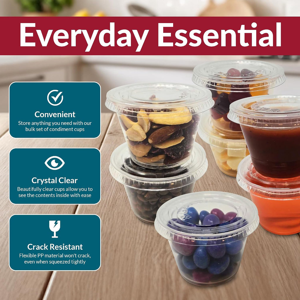 4 oz Condiment Containers with Lids (100 sets) | Ideal for Sauce, Souffle, Samples, Jello Shot Cups | Disposable