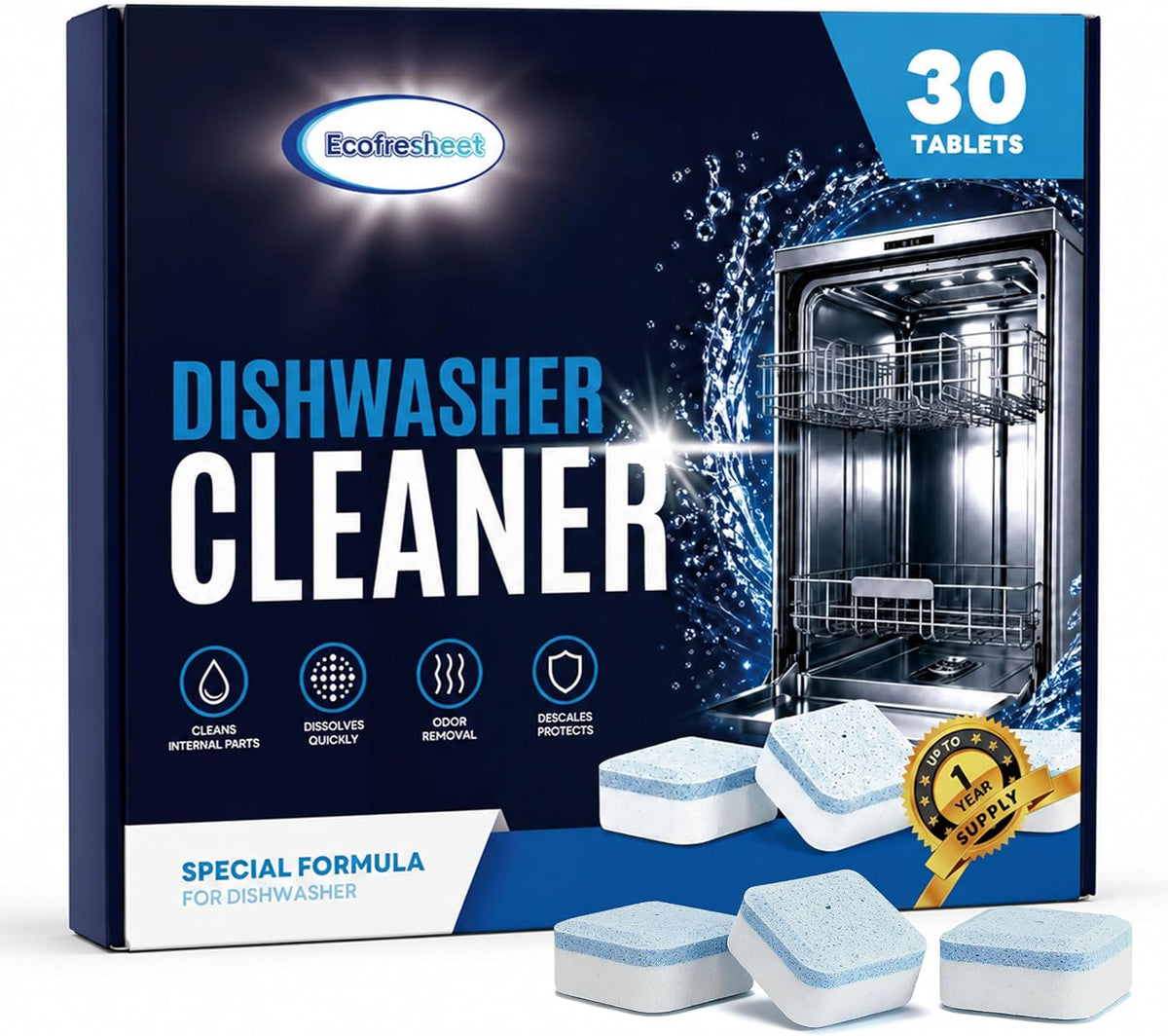 Dishwasher Cleaner Tablets 30 Pack, Removes Limescale, Grease & Odor, Restores Performance