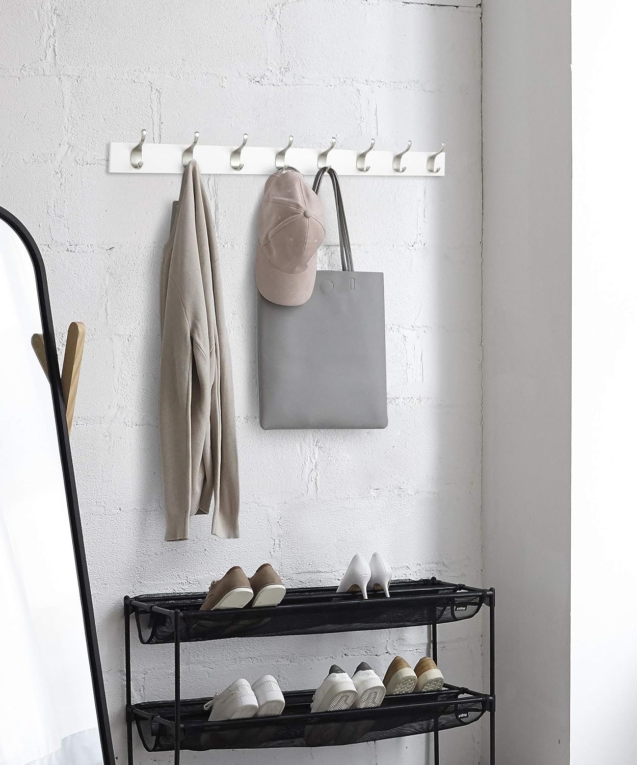 Wall Mounted Modern Coat Rack for Entryway and Bedroom with Versatile Storage Hooks, Rectangular, 8-Hook, White |