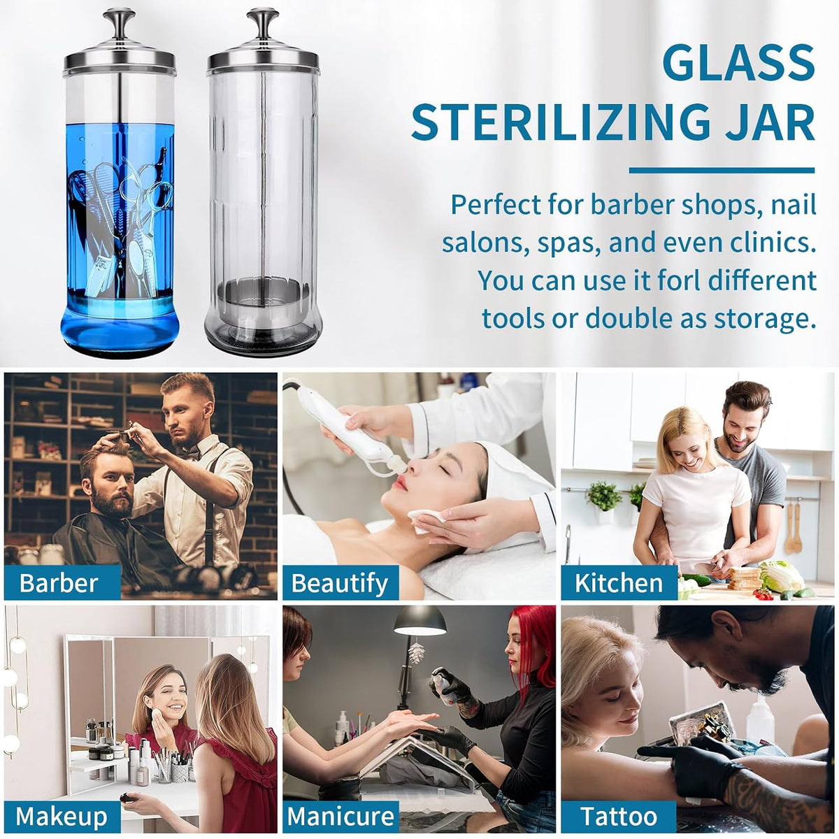 Disinfectant Sterilizer Glass Jar - Capacity 37 Oz Glass with Removable Strainer Tray for Cleaning, Storage &