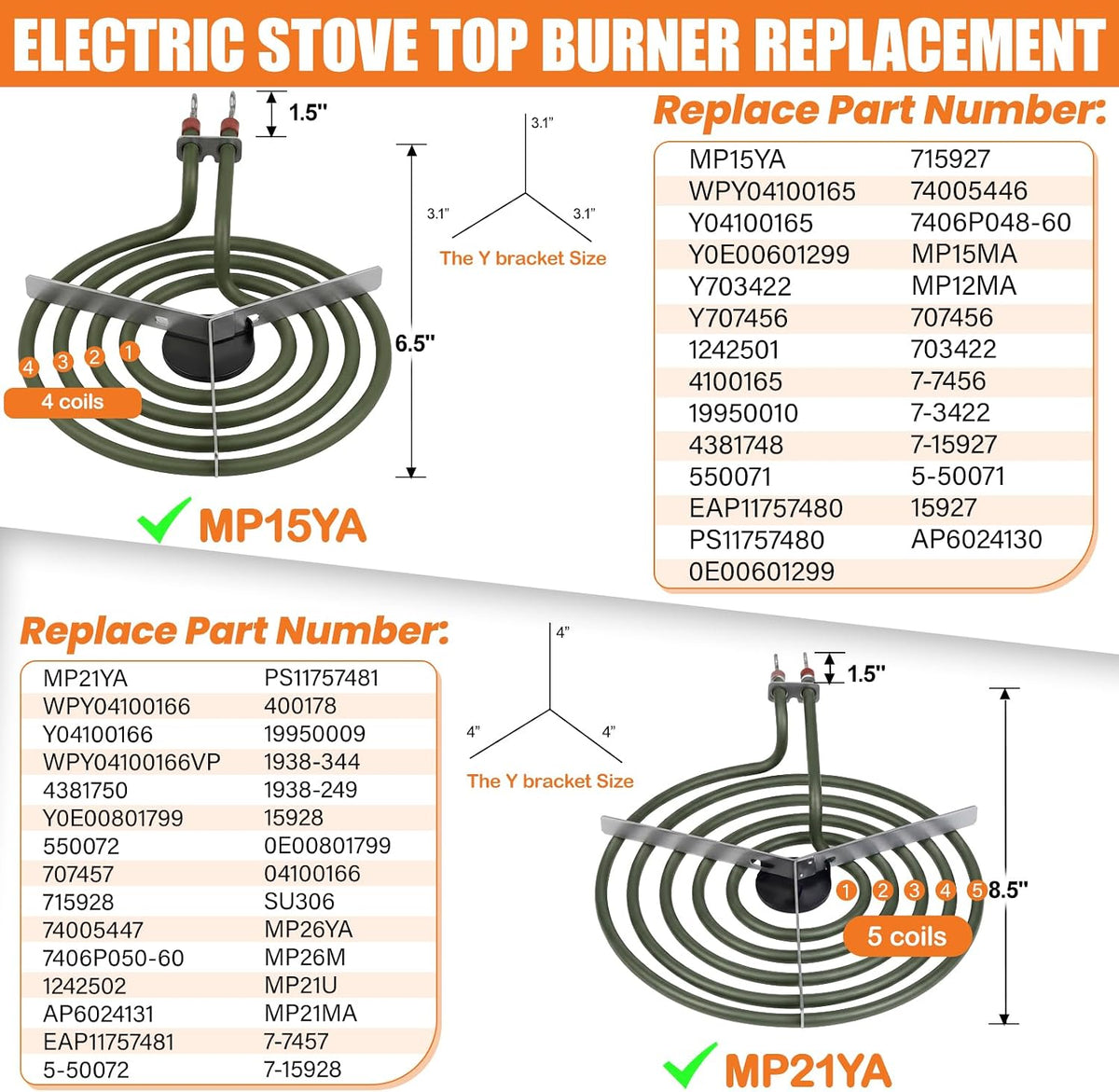 MP22YA Electric Range Burner Element Unit Set For Whirlpool Stove Burners