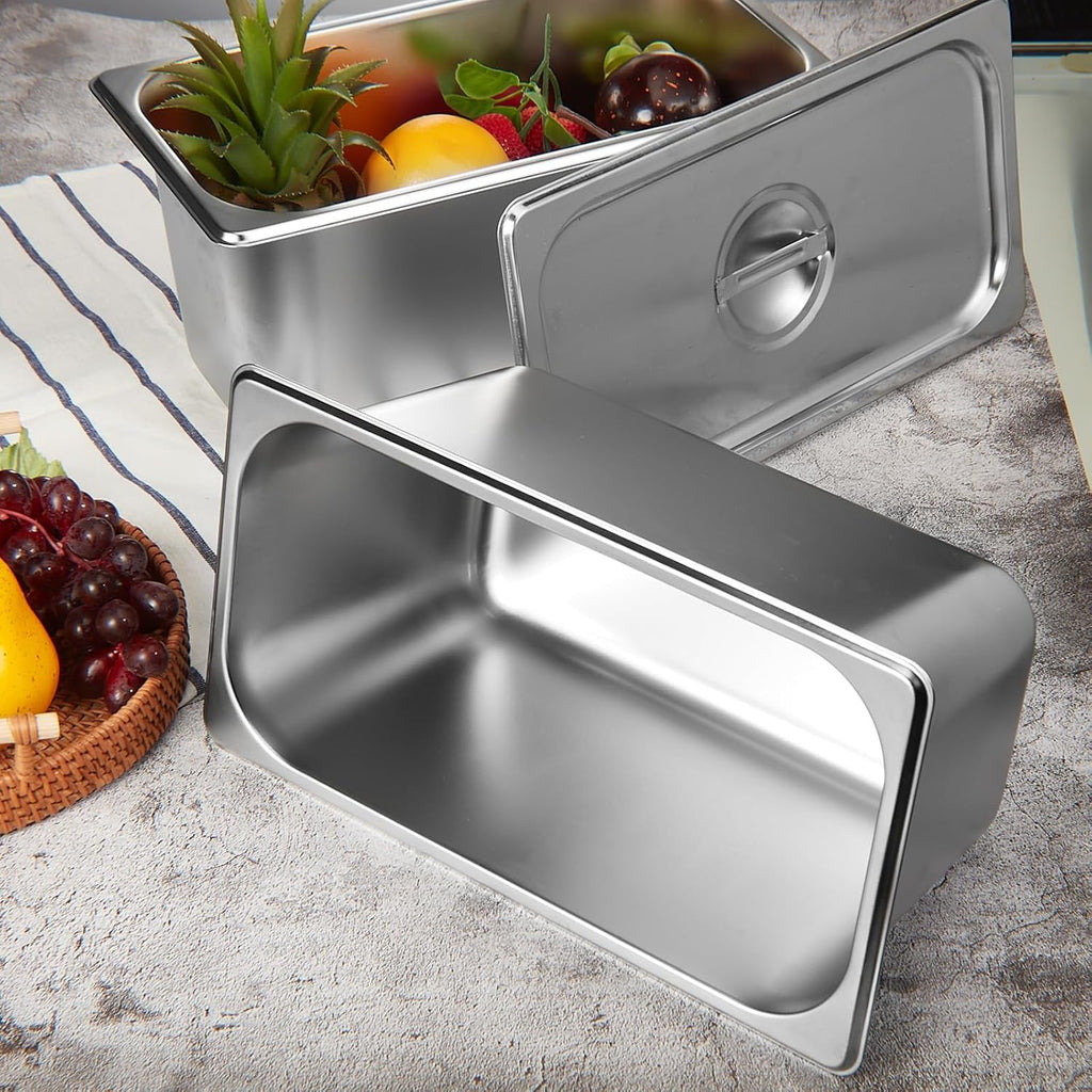 4 Pack Stainless 1/3 Size x 6 Inch Deep Steam Table Pans with Lids