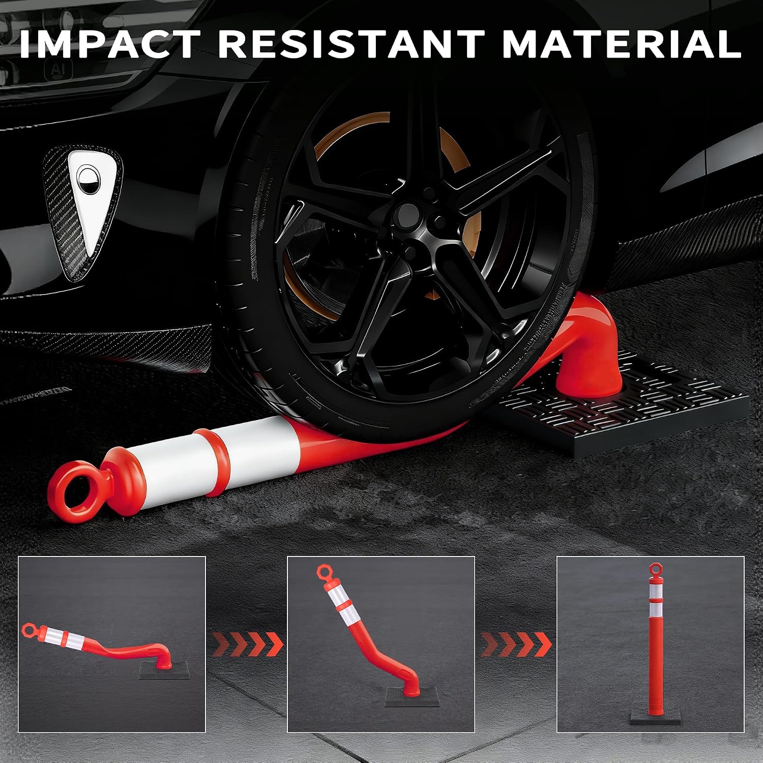 42" Heavy-Duty Traffic Delineator Posts (3 Pack) – Tall Safety Cones with 360° Reflective Collars & Weighted Base for