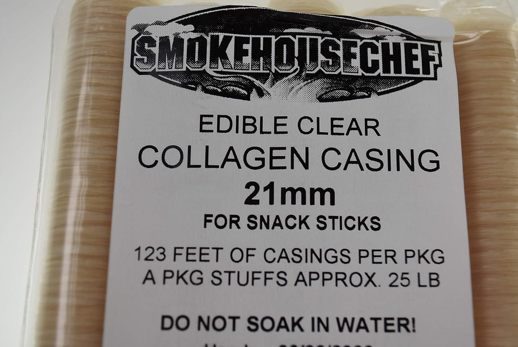 5-pack Clear 21mm Collagen snack sausage casings for 25 lbs of snack sausage. From Smokehouse Chef. Beef product in USA