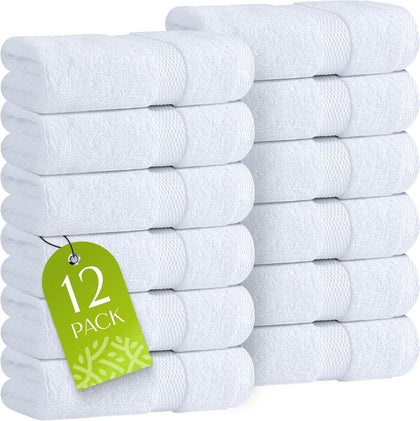 Wealuxe White Washcloths 12 Pack - 600 GSM 100% Ring-Spun Cotton Wash Cloths for Showering, Highly Absorbent and Soft