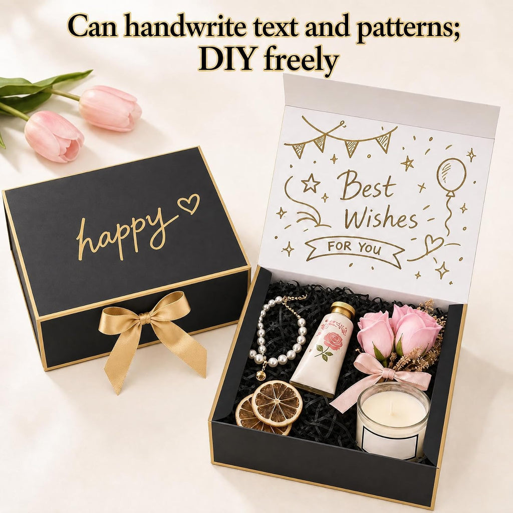 12Pack Small Gift Boxes with Lids, Black Boxes with Gold Ribbon